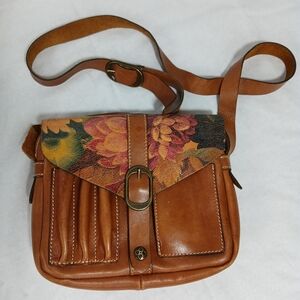 Patricia Nash Brown Leather Purse Crossbody Floral Flap Handbag bag